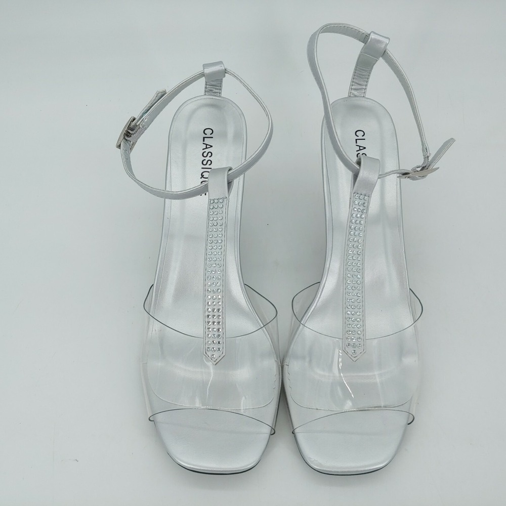 Classiques Shoes Womens Heels Faux Leather Embellished‎ T Strap Silver 7W New